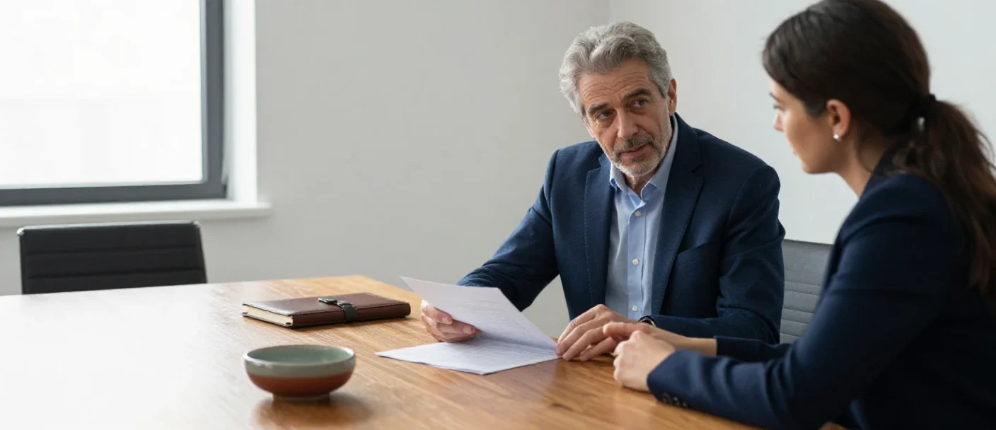 Un asesor experto explica con calma un informe impreso a una empresaria en una oficina.