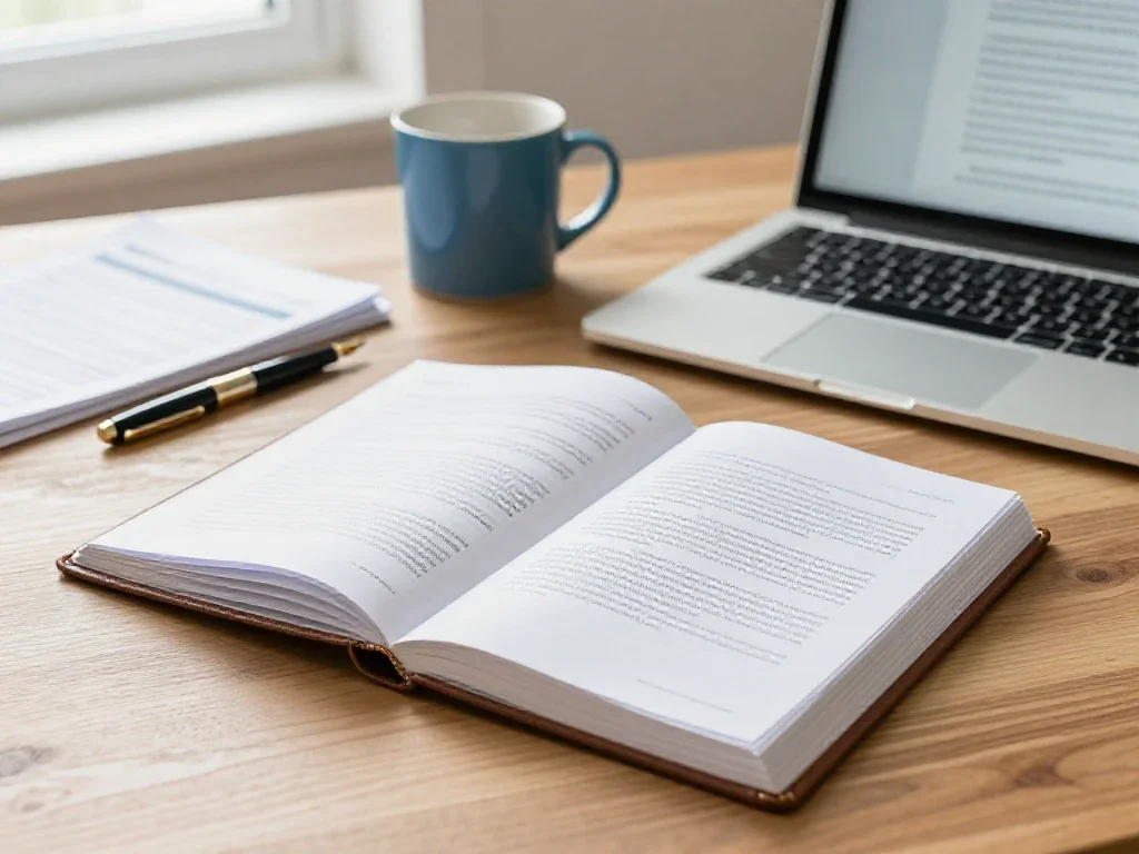 Escritorio ordenado con un plan de negocio abierto y café, representando claridad y criterio empresarial.