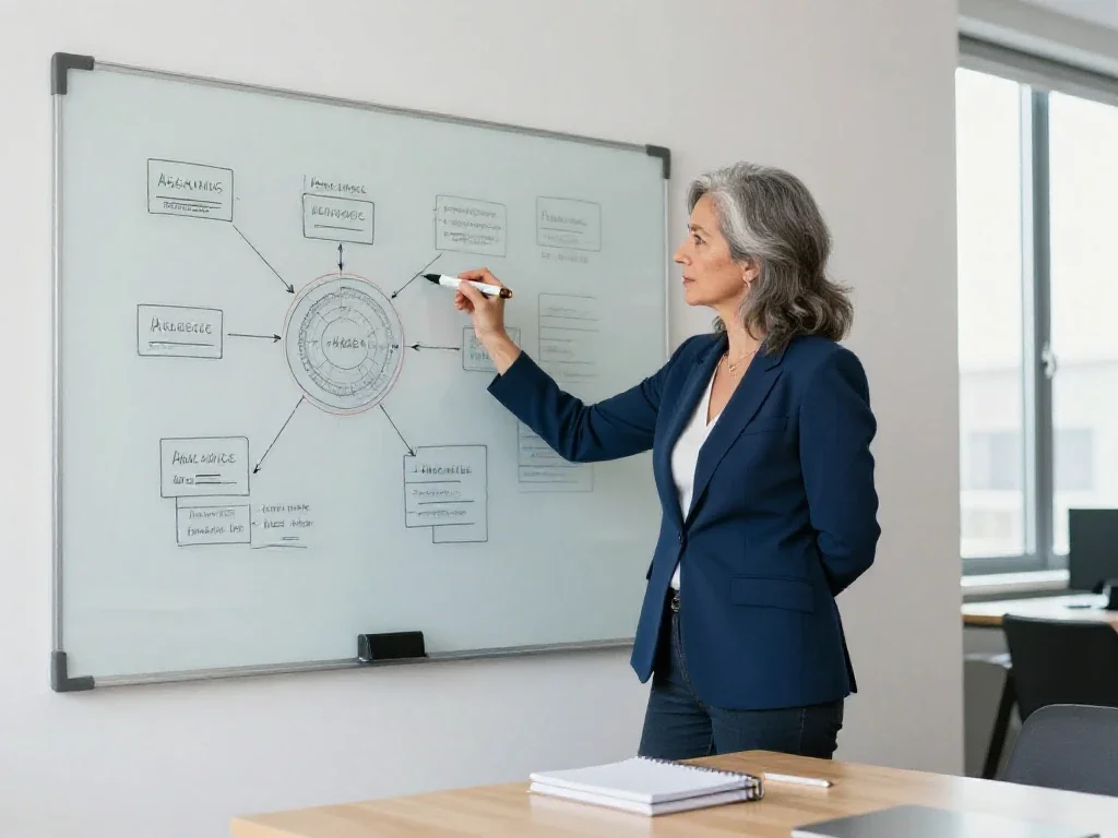 Estratega analizando esquemas de marketing en una pizarra para explicar la visión clara de la empresa.