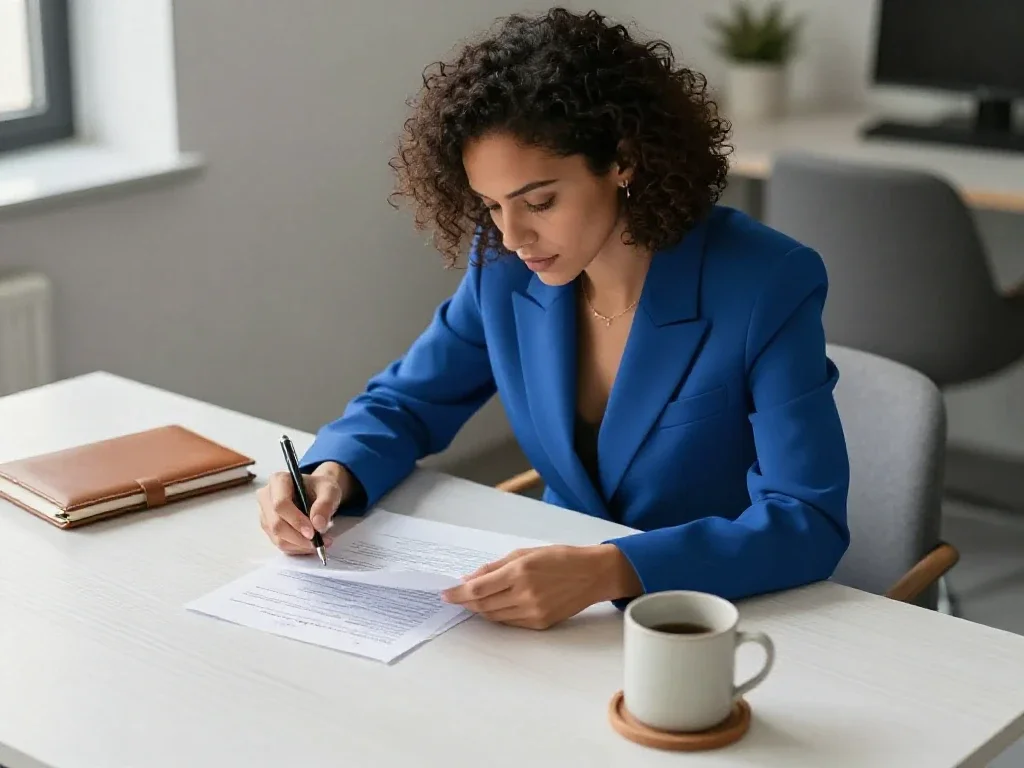 Una profesional revisa documentos con calma en una oficina luminosa, transmitiendo criterio y preparación.