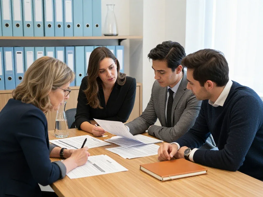 Directivos analizando informes con serenidad y rigor en una oficina luminosa durante una reunión estratégica.